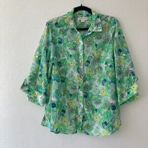 Coldwater Creek Silk Blend Button Front Floral Top 3/4 Sleeve Green Artsy Large
